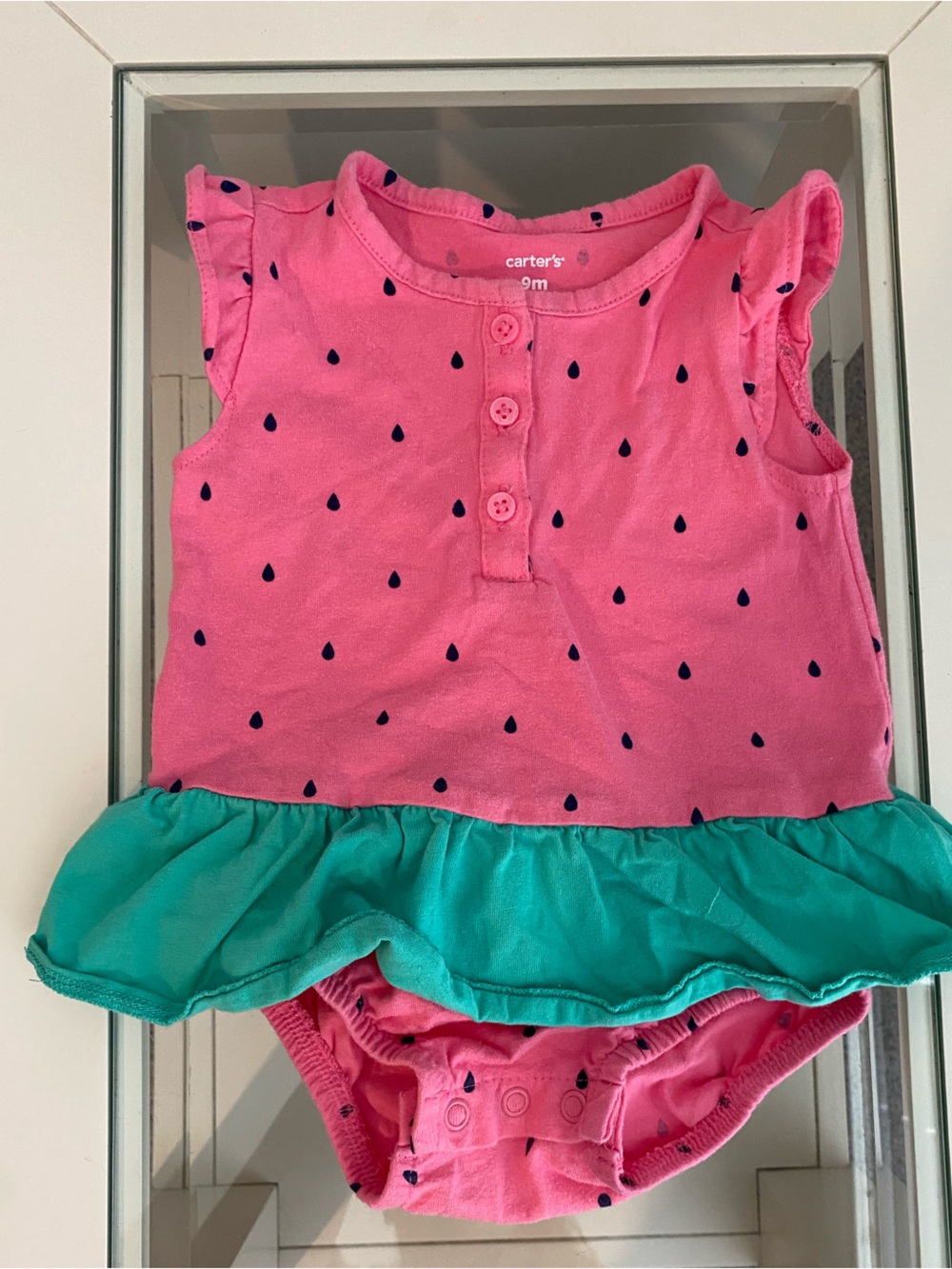 Carter's girls watermelon Pink Dress Bodysuit with Teal ruffle 9M